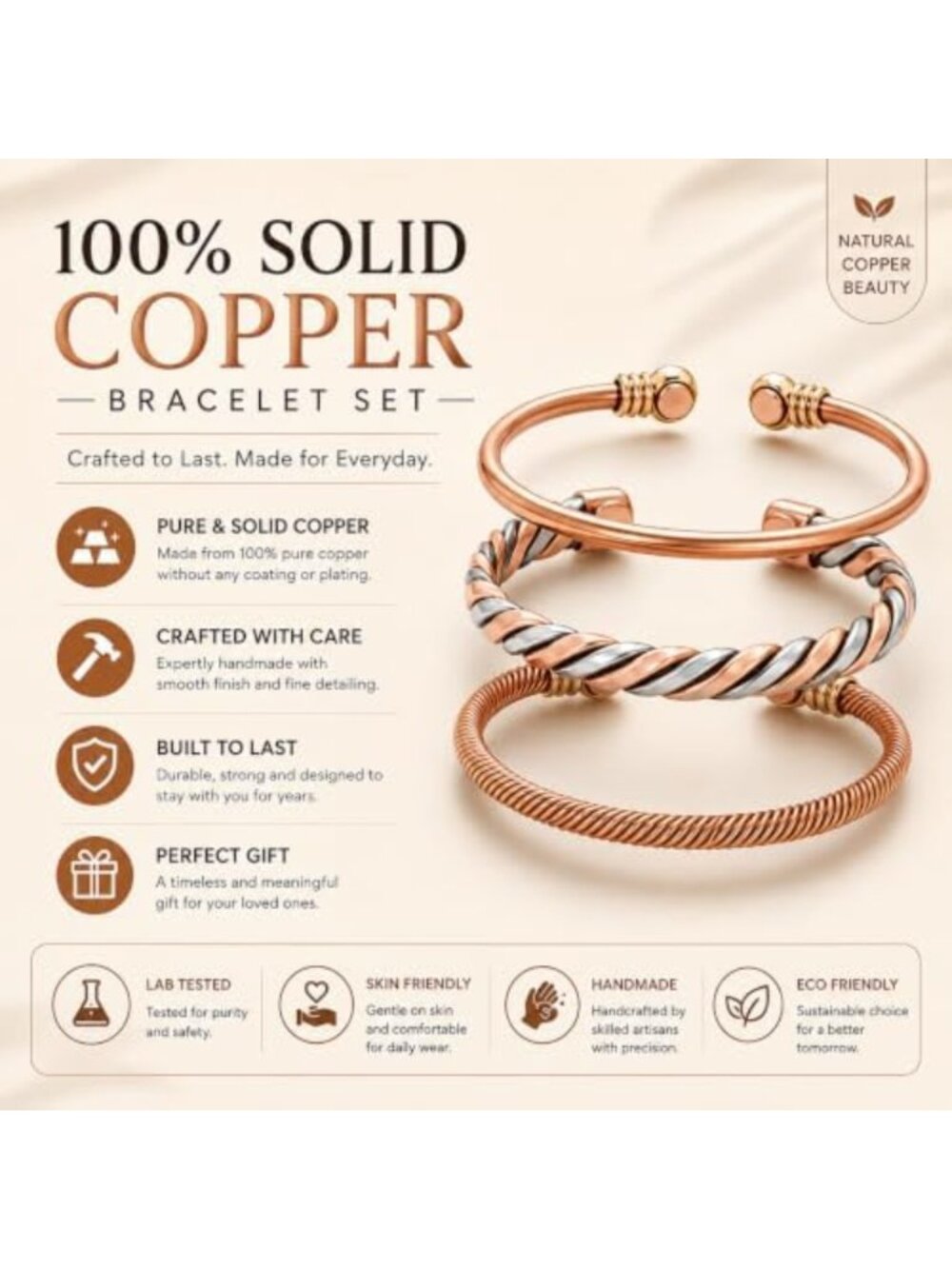 Handmade Copper Bracelets Set of 3 for Men & Women | Gift-Ready Jewelry - Picture 2 of 6